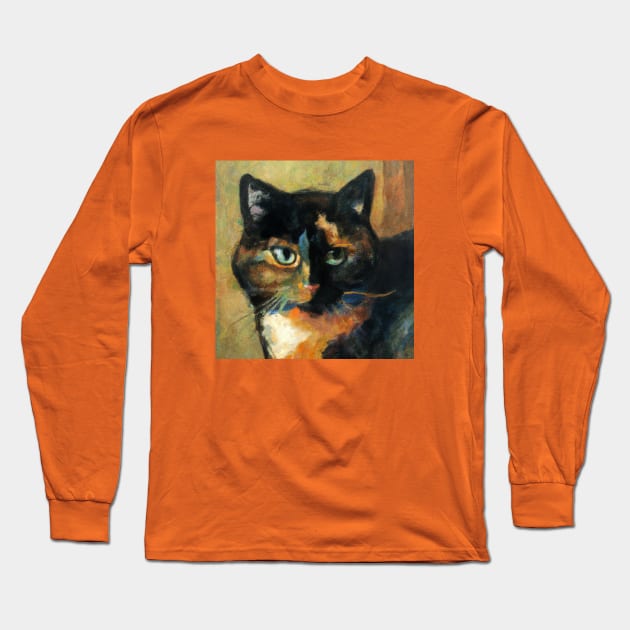 Painting of Tortoise Shell Cat in the Style of Cezanne Long Sleeve T-Shirt by Star Scrunch